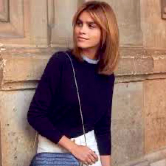 Sold on XP Sezane Eduardo Navy Wool Sweater w Seersucker collar - Picture 1 of 8